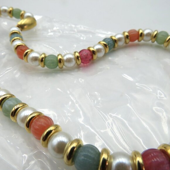 Beaded Necklace Faux Pearl Glass Carved Beads Multicolor Gold Tone Spacers Oval - Picture 13 of 13